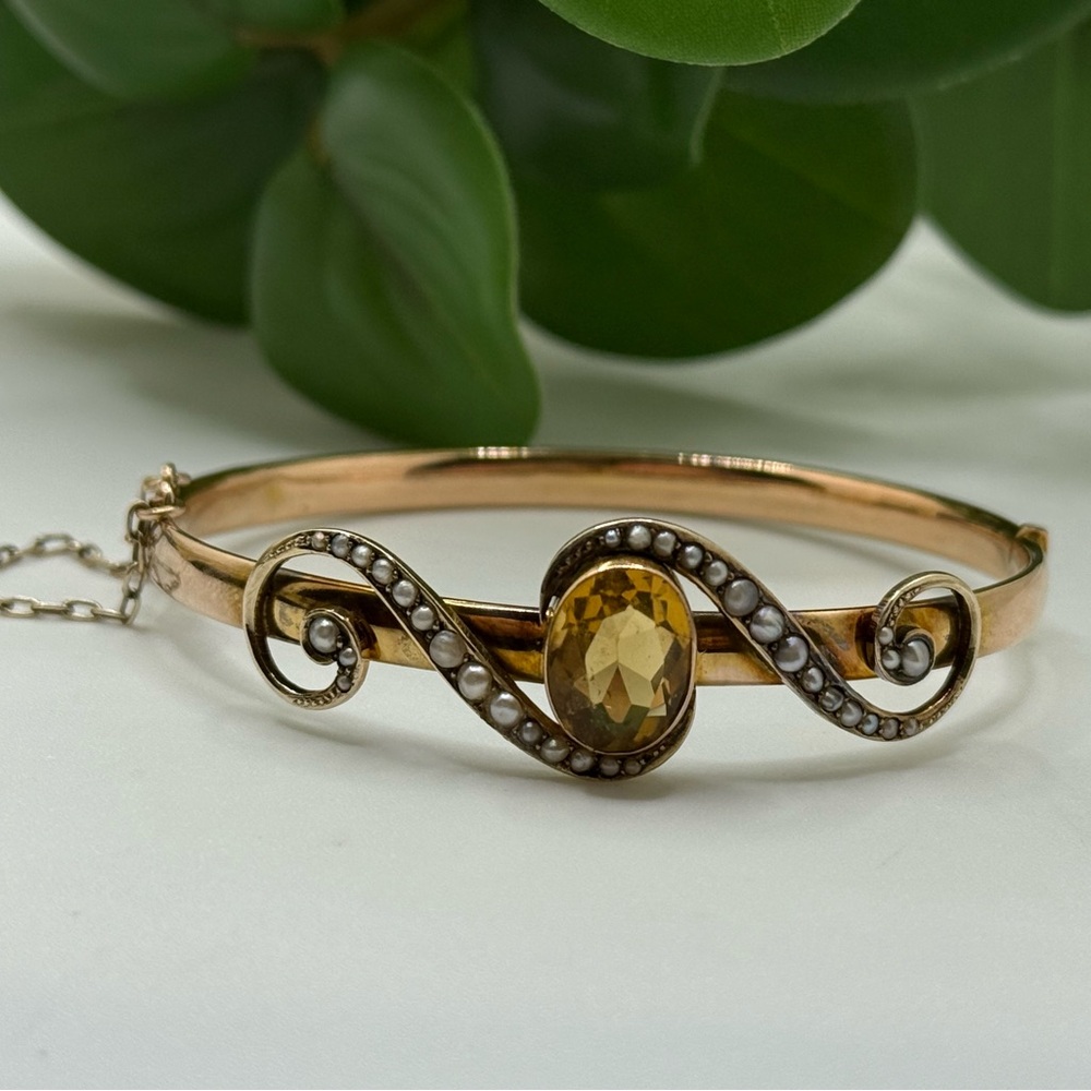 Antique 9K Solid Gold Victorian Style Citrine Stone Seed Pearl Bangle Bracelet